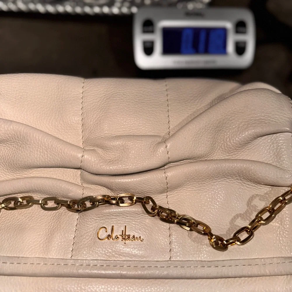 Cole Haan Leather Shoulder‎ Bag Clutch Ivory Gold Chain Evening Party Purse